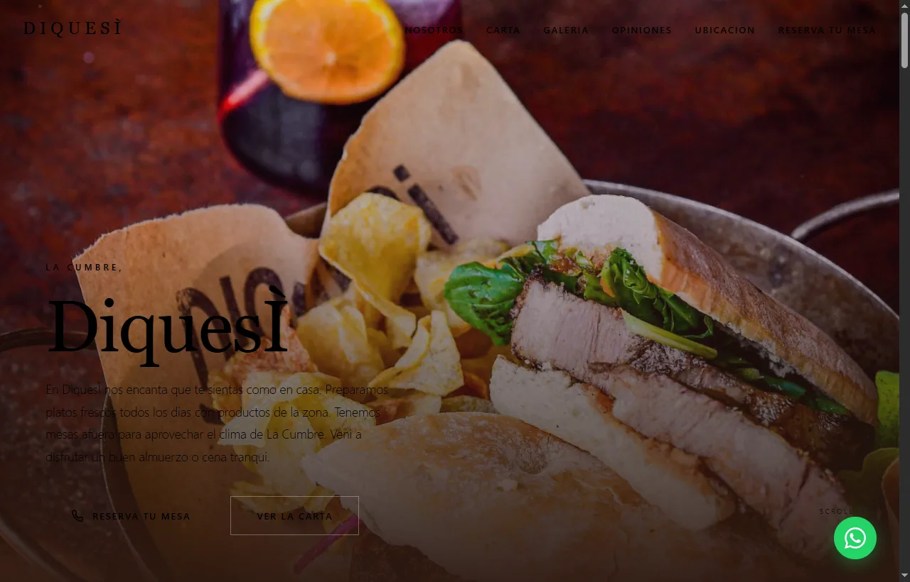 Sitio web del restaurante Diques en La Cumbre, diseñado por Futura Sistemas