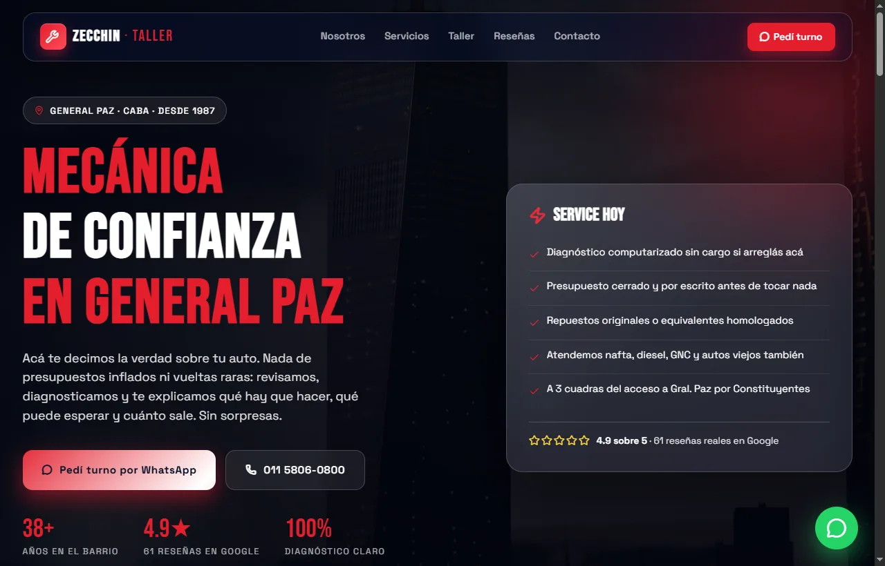 Sitio web del Taller Mecánico Zecchin en General Paz, diseñado por Futura Sistemas